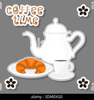 Illustration logo for white ceramic cup of hot coffee, croissant on saucer, croissant pattern consisting of grain coffee brewed in porcelain cups for Stock Vector