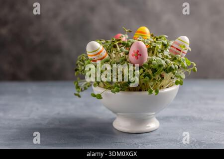 Photo of colorful Easter eggs placed upright in a white bowl filled with fresh mustard sprouts grown from mustard seeds. The scene shows vibrant sprin Stock Photo