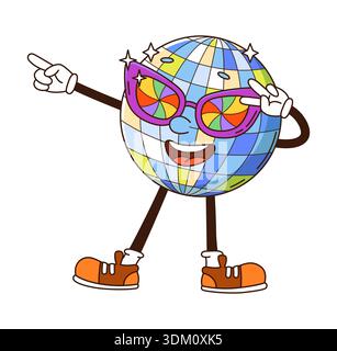 Disco ball groovy funky hippie character. Shiny silver disco ball with colorful sunglasses and sneakers, radiating happy 1970s party vibe. Trippy vector character is perfect for music graphics Stock Vector