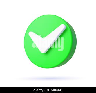 3d check list icon, checklist tick, done mark. Green circle with a white tick. Isolated vector plastic or plasticine checkmark, symbol of selection, confirmation or approval. Yes button for web app Stock Vector