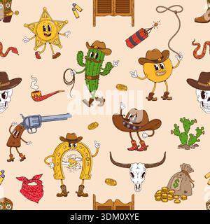 Groovy hippie western characters, wild west vector seamless pattern. Cartoon vector tile background with cactuses in boots, happy revolvers, sheriff stars and animated cowboy hats funky characters Stock Vector