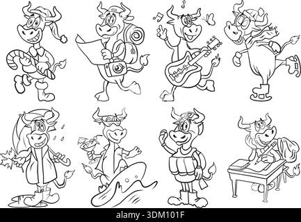 Set of cute cartoon bull characters shown in different activities and seasonal themes, illustrated in clean black and white line art style. Stock Vector