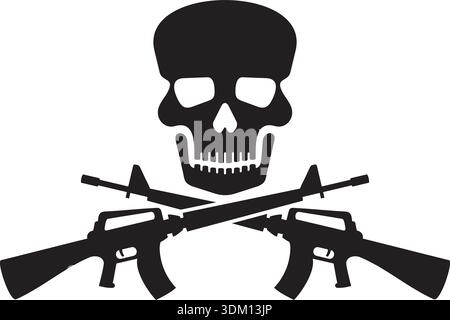Human Skull and Crossed Rifles Black and White. Vector Illustration. Stock Vector