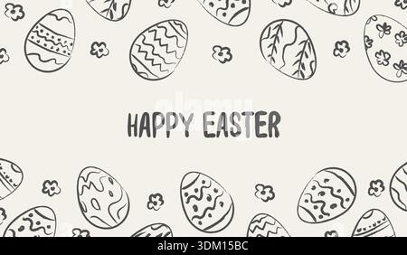 Hand drawn whimsical Easter banner with doodle egg border and flowers. Naive sketch style spring greeting card with imperfect ink texture and playful Stock Vector
