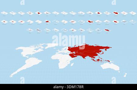 Asian Nation Maps in Isometric Folded Paper Style with a World Map Focus on Asia in Red Color. Stock Vector
