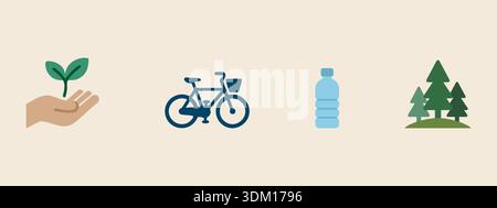 A minimalist illustration featuring icons that represent sustainable living Stock Vector