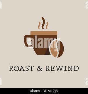 Coffee cup icon with steam and the words roast and rewind in a simple warm graphic design Stock Vector