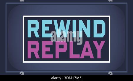 Dark rectangular label with neon style rewind replay text in a bold modern layout Stock Vector