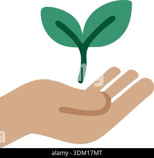 Flat illustration of an open hand holding a small green sprout with two leaves Stock Vector