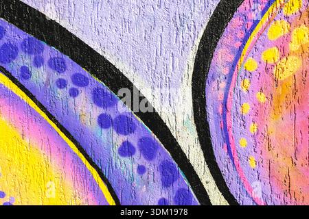 Abstract Graffiti Art with Purple, Yellow, Pink, Black Lines, and Spots in Retro 90s, Y2K Style Stock Photo