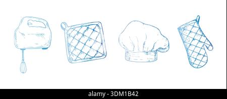 Vector set with hand mixer, pot holders, Chef hat, Glove potholder. Graphic ink Oven Mitt, kitchen tool illustration isolated on background. Hand Stock Vector