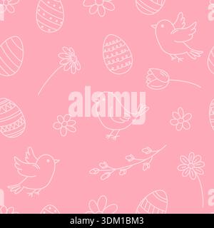 Seamless Easter Pattern with Birds, Eggs and Flowers in Hand Drawn Doodle Style Stock Vector