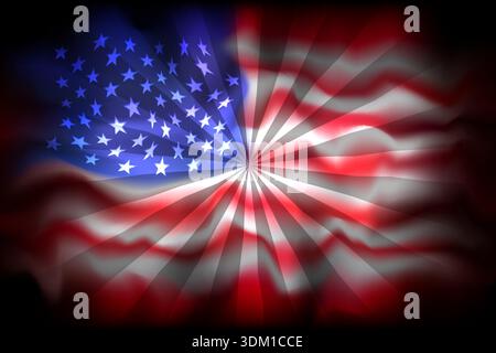 USA flag background. Abstract flag of usa with sun rays on a dark background. National american poster. Vector grunge watercolor design. State america Stock Vector