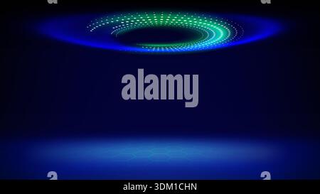 Futuristic technology stage blue background. Round green dotted led, neon glow. Abstract background for displaying products, presentation, advertising Stock Vector