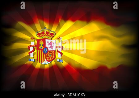 Spain flag with sun rays, abstract background for creative design. Spanish patriotic and festive poster template. Dark banner with spain flag. Vector Stock Vector