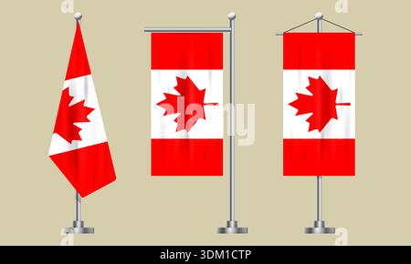 Canada table flag set. Canadian Maple Leaf desk banners on metallic stands Stock Vector