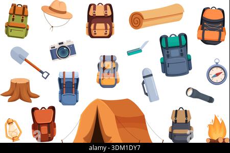 Cartoon camping equipment. Items for hiking and tourism on nature. Shovel lantern mat compass tent. Flashlight and hat. Outdoor adventures sapid vector elements original artwork Stock Vector