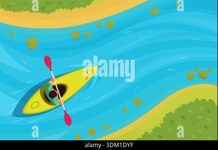 Man on kayak top view. Water sport or hobby, athlete kayaking on river or lake. Extreme outdoor activity, guy rowing in bright boat. Nature adventures sapid vector scene original artwork Stock Vector