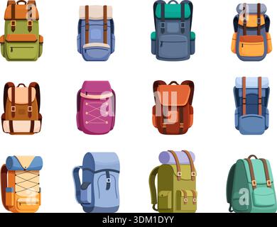 Cartoon hiking backpacks. Camping backpack for hike on nature or summer camp. Hand luggage bags for flight travel. Different knapsack sapid vector clipart original artwork Stock Vector