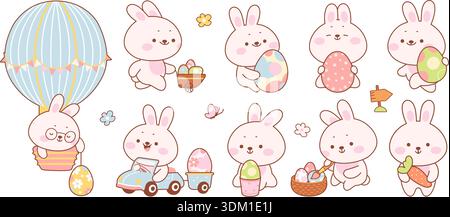 Kawaii easter bunny. Funny bunnies with colored eggs. Egg hunter characters. Cute rabbits preparing to easter holidays. Children festive mascots, nowaday vector stickers original artwork Stock Vector
