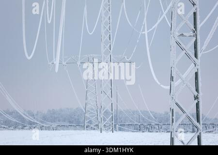 03 February 2026, Saxony-Anhalt, Harz: View of frozen power lines in Hüttenrode. The permafrost in the Harz Mountains has led to icy cables holding high-voltage power lines, making them a safety risk. Because the cables could break, the road between Hüttenrode and Almsfeld will be closed for at least a week, according to the Ministry of Infrastructure in Magdeburg. According to the information, traffic will be diverted via Blankenburg. The responsible grid operator Avacon took the overhead line out of operation as a precautionary measure for safety reasons. The ice cover was too strong and the Stock Photo