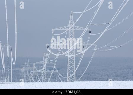 03 February 2026, Saxony-Anhalt, Harz: View of frozen power lines in Hüttenrode. The permafrost in the Harz Mountains has led to icy cables holding high-voltage power lines, making them a safety risk. Because the cables could break, the road between Hüttenrode and Almsfeld will be closed for at least a week, according to the Ministry of Infrastructure in Magdeburg. According to the information, traffic will be diverted via Blankenburg. The responsible grid operator Avacon took the overhead line out of operation as a precautionary measure for safety reasons. The ice cover was too strong and the Stock Photo