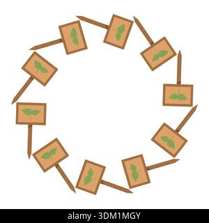 Round frame with garden stakes and signs. Summer series of flat-style illustrations. Tools for growing plants, gardening, and vegetable gardening. Stock Vector