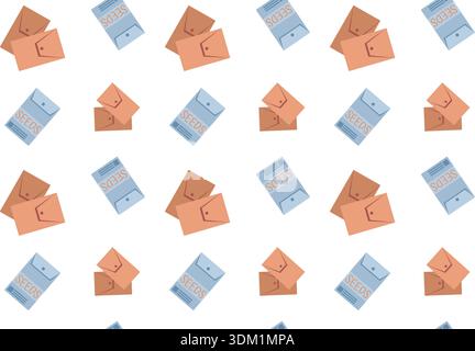 Seamless pattern with garden seeds in paper packaging. Summer series of flat illustrations. Tools for growing plants, cultivating the garden, and vege Stock Vector