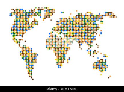 Colorful dot matrix forms continents on white background. Stock Vector