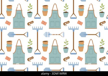 Seamless pattern with gardening tools, clothing, and pots. Summer series of flat-style illustrations. Tools for growing plants, gardening, and vegetab Stock Vector
