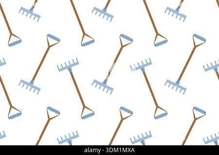 Seamless pattern with garden rakes. Summer series of flat illustrations. Tools for growing plants, gardening, and vegetable gardening. Stock Vector
