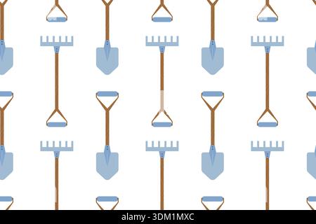 Seamless pattern with garden shovels and rakes. Summer series of flat illustrations. Tools for growing plants, gardening, and vegetable gardening. Stock Vector