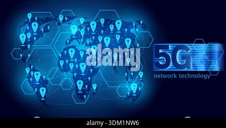 World map shows 5G network coverage expansion across continents. Stock Vector