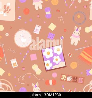 Handcraft seamless pattern. Different knitting and sewing tools, embroidery equipment, threads, yarn. Hand sew rabbit, handmade bag, vector background Stock Vector