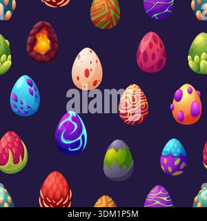 Dragon fantasy eggs seamless pattern. Magic egg with mystery shell. Fire, snake leather, drops. Decorative fabric textile print, wallpaper, vector Stock Vector