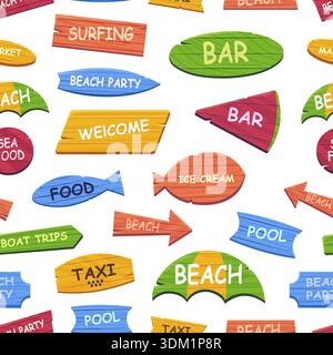 Beach wooden pointers seamless pattern. Decorative signs, sign boards and destination arrows. Print for fabric, textile, wrapping, wallpaper, vector Stock Vector