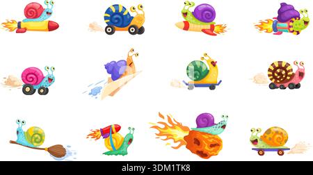 Cartoon fast snails. Quick slug ride on skateboard, slow snail on turbo rocket speedy racer funny animal with shell garden or sea slugs run race, set kicky vector illustration original artwork Stock Vector