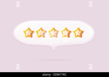 3d review bubble. Star rating feedback assessment survey, five stars quality speech chat client customer satisfaction evaluation excellent best service award vector illustration original artwork Stock Vector