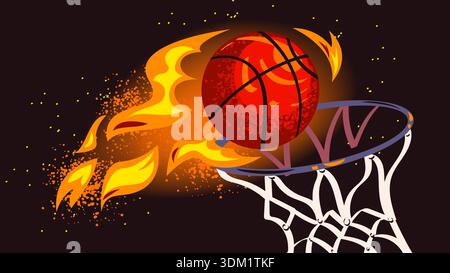 Flaming basketball. Throw fire ball free flying in basket hoop ring, sport tournament match banner championship game league poster or logo win emblem classy vector illustration original artwork Stock Vector