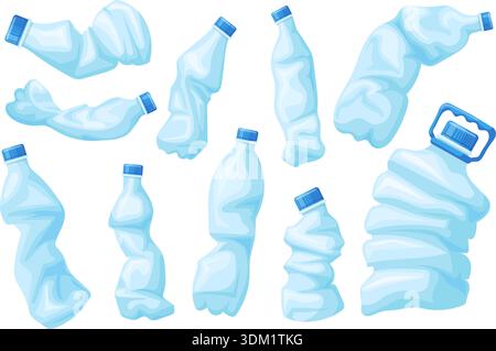 Plastic crumpled bottles. Empty crush water bottle, recycle trash broken used containers mineral drink beverages crushed storage waste rubbish cartoon set neat vector illustration original artwork Stock Vector