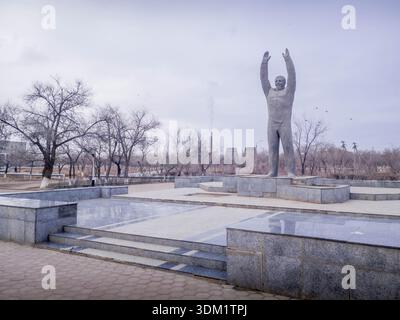 Yuri Gagarin monument in Baikonur, Kazakhstan, near Russian leased cosmodrome, first man in space and symbol of Soviet exploration Stock Photo