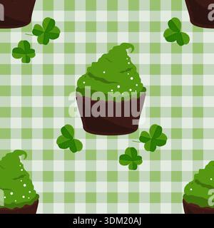 Green cupcakes and clover leaves on checkered background seamless pattern. Lucky Saint Patrick Day backdrop. Vector illustration Stock Vector