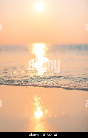 Picturesque Dreamy Sunset Beach Close Up Waves Sandy Shore Tropical Coastline Blurred Horizon Ocean Seascape Background Golden Hour Stock Photo