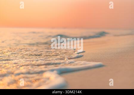 Breathtaking Dreamy Sunset Beach Close Up Waves Sandy Shore Tropical Coastline Blurred Horizon Ocean Seascape Background Natural Light Stock Photo