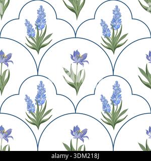 Seamless vector floral pattern with large lavender and iris flowers Stock Vector