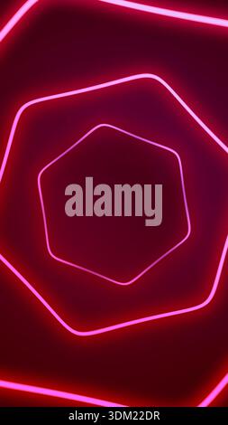 Abstract background with glowing neon light lines creating a dynamic hexagonal tunnel in vibrant pink and red hues Stock Photo
