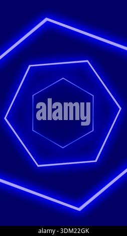 Blue neon light lines creating concentric hexagonal shapes in a receding geometric pattern, representing virtual reality or technology Stock Photo