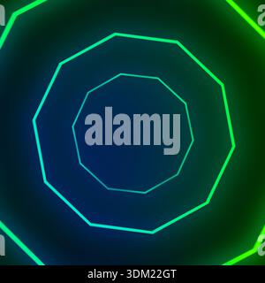 Abstract background showing an octagonal tunnel of neon light glowing with a vibrant blue and green gradient Stock Photo
