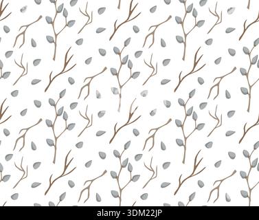 Seamless pattern featuring brown branches with grey buds and leaves on a white background, bringing a natural and organic design element suitable for Stock Vector
