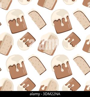 Easter cake with white icing, whole and cut into pieces. Seamless vector pattern. Perfect for themed holiday designs. Stock Vector